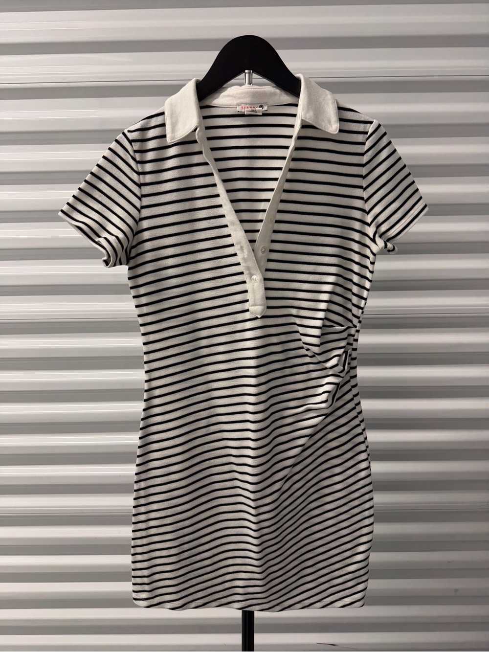 Sundry Striped Polo Short Sleeve Dress - White & Black